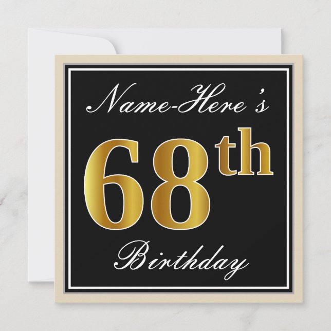 Elegant, Black, Faux Gold 68th Birthday + Name Invitation (Front)