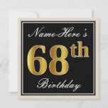 [ Thumbnail: Elegant, Black, Faux Gold 68th Birthday + Name Invitation ]