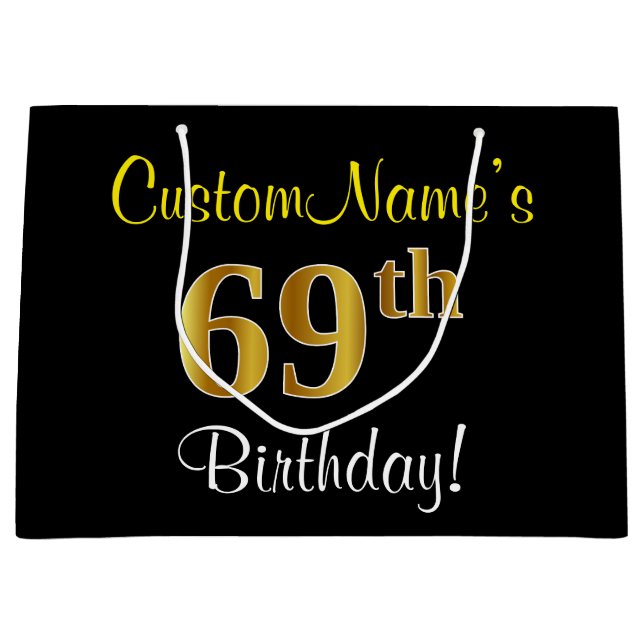 Elegant, Black, Faux Gold 69th Birthday + Name Large Gift Bag (Front)