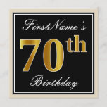 [ Thumbnail: Elegant, Black, Faux Gold 70th Birthday + Name Invitation ]