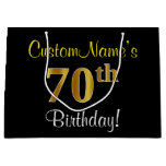 [ Thumbnail: Elegant, Black, Faux Gold 70th Birthday + Name Gift Bag ]