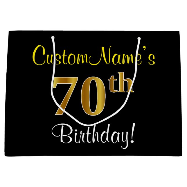 Elegant, Black, Faux Gold 70th Birthday + Name Large Gift Bag (Front)