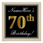 [ Thumbnail: Elegant, Black, Faux Gold 70th Birthday + Name Poster ]