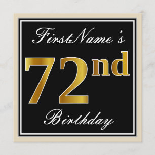 Elegant, Black, Faux Gold 72nd Birthday + Name Invitation