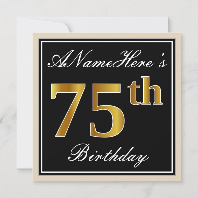 Elegant, Black, Faux Gold 75th Birthday + Name Invitation (Front)