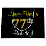 [ Thumbnail: Elegant, Black, Faux Gold 77th Birthday + Name Gift Bag ]