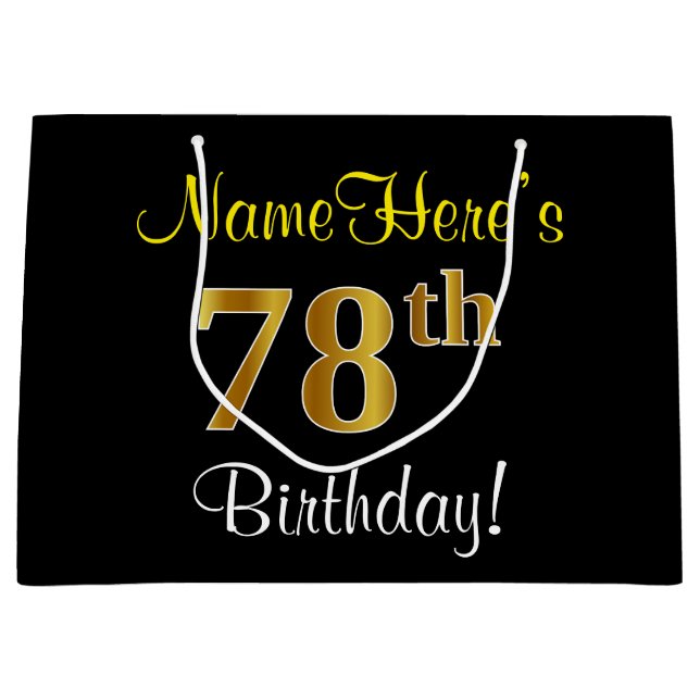 Elegant, Black, Faux Gold 78th Birthday + Name Large Gift Bag (Front)