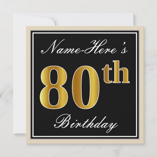 Elegant, Black, Faux Gold 80th Birthday + Name Invitation (Front)