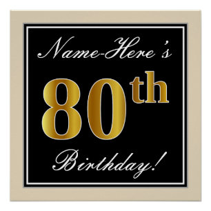 Elegant, Black, Faux Gold 80th Birthday + Name Poster