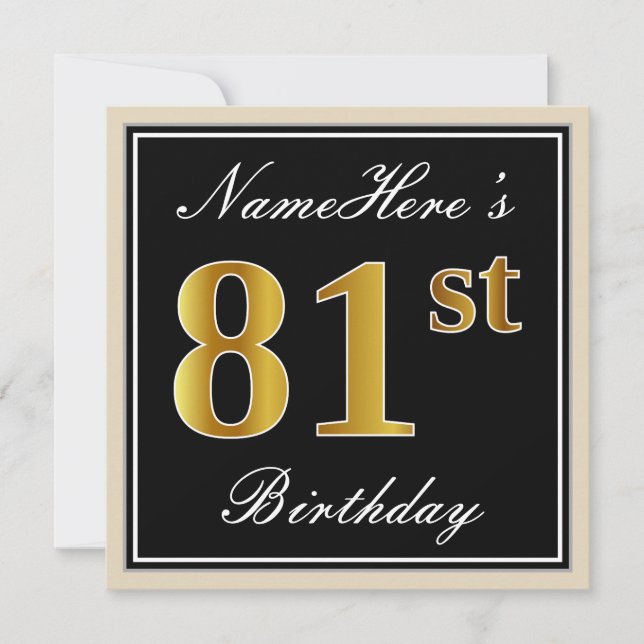 Elegant, Black, Faux Gold 81st Birthday + Name Invitation (Front)