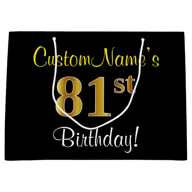 Elegant, Black, Faux Gold 81st Birthday + Name Large Gift Bag (Front)