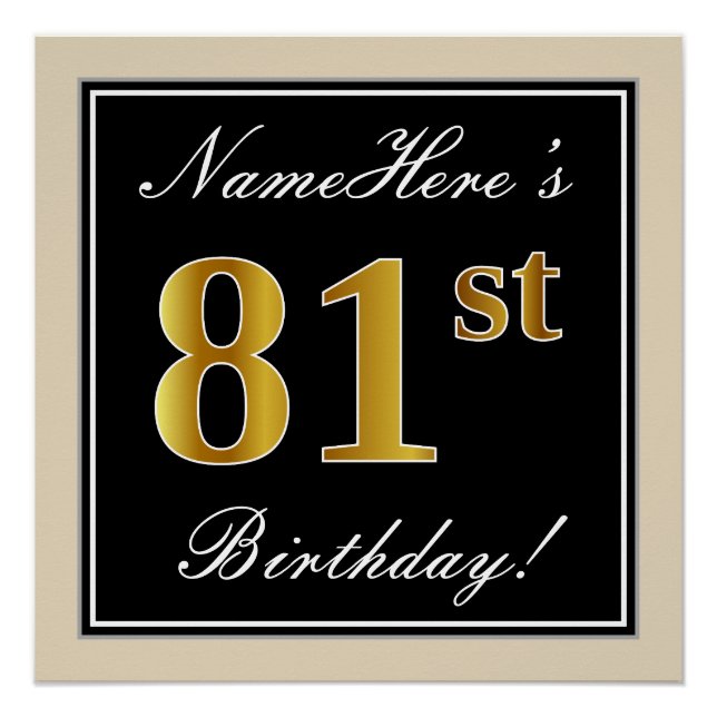 Elegant, Black, Faux Gold 81st Birthday + Name Poster (Front)