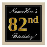 [ Thumbnail: Elegant, Black, Faux Gold 82nd Birthday + Name Poster ]