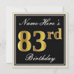 [ Thumbnail: Elegant, Black, Faux Gold 83rd Birthday + Name Invitation ]