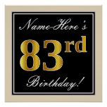 [ Thumbnail: Elegant, Black, Faux Gold 83rd Birthday + Name Poster ]