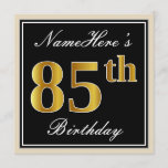 [ Thumbnail: Elegant, Black, Faux Gold 85th Birthday + Name Invitation ]