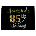 [ Thumbnail: Elegant, Black, Faux Gold 85th Birthday + Name Gift Bag ]