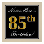 [ Thumbnail: Elegant, Black, Faux Gold 85th Birthday + Name Poster ]