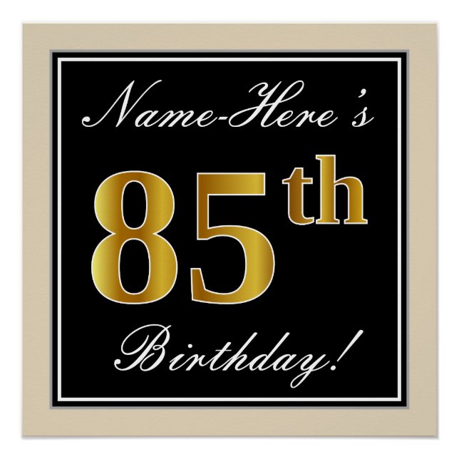 Elegant, Black, Faux Gold 85th Birthday + Name Poster (Front)