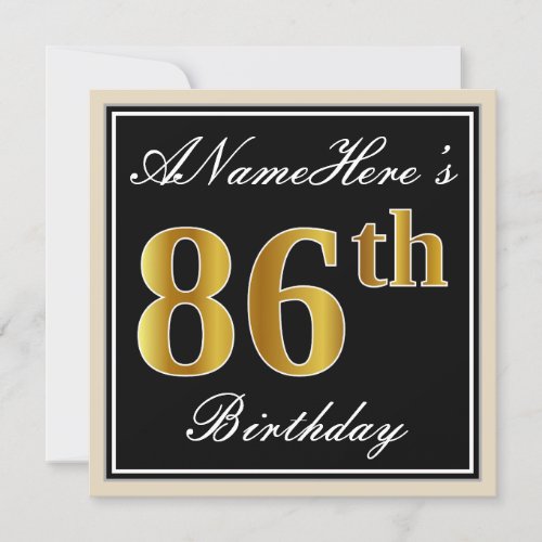 Elegant Black Faux Gold 86th Birthday  Name Invitation