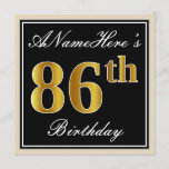 [ Thumbnail: Elegant, Black, Faux Gold 86th Birthday + Name Invitation ]