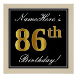 [ Thumbnail: Elegant, Black, Faux Gold 86th Birthday + Name Poster ]