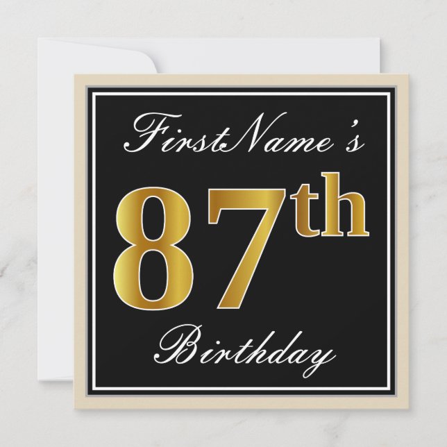 Elegant, Black, Faux Gold 87th Birthday + Name Invitation (Front)