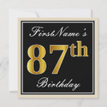 [ Thumbnail: Elegant, Black, Faux Gold 87th Birthday + Name Invitation ]
