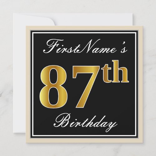 Elegant Black Faux Gold 87th Birthday  Name Invitation