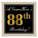 [ Thumbnail: Elegant, Black, Faux Gold 88th Birthday + Name Poster ]