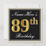 [ Thumbnail: Elegant, Black, Faux Gold 89th Birthday + Name Invitation ]