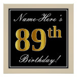 [ Thumbnail: Elegant, Black, Faux Gold 89th Birthday + Name Poster ]