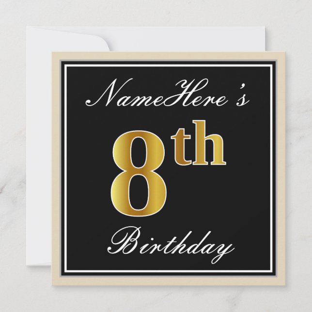 Elegant, Black, Faux Gold 8th Birthday + Name Invitation (Front)