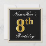 [ Thumbnail: Elegant, Black, Faux Gold 8th Birthday + Name Invitation ]