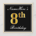 [ Thumbnail: Elegant, Black, Faux Gold 8th Birthday + Name Invitation ]