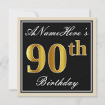 [ Thumbnail: Elegant, Black, Faux Gold 90th Birthday + Name Invitation ]