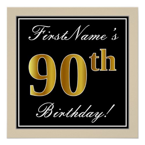 Elegant Black Faux Gold 90th Birthday  Name Poster