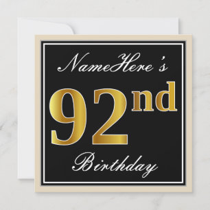 Elegant, Black, Faux Gold 92nd Birthday + Name Invitation