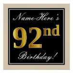 [ Thumbnail: Elegant, Black, Faux Gold 92nd Birthday + Name Poster ]