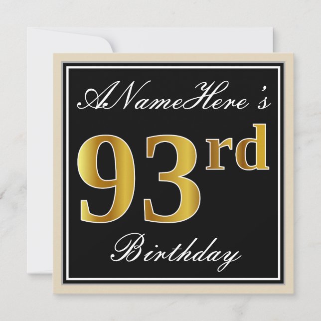 Elegant, Black, Faux Gold 93rd Birthday + Name Invitation (Front)