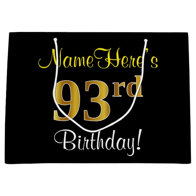 Elegant, Black, Faux Gold 93rd Birthday + Name Large Gift Bag (Front)