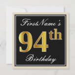 [ Thumbnail: Elegant, Black, Faux Gold 94th Birthday + Name Invitation ]