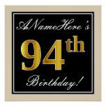 [ Thumbnail: Elegant, Black, Faux Gold 94th Birthday + Name Poster ]