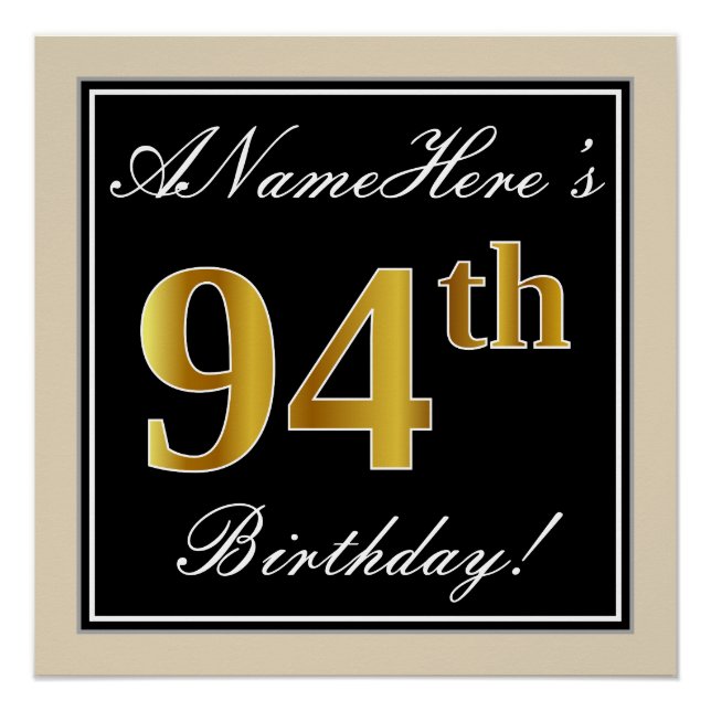 Elegant, Black, Faux Gold 94th Birthday + Name Poster (Front)