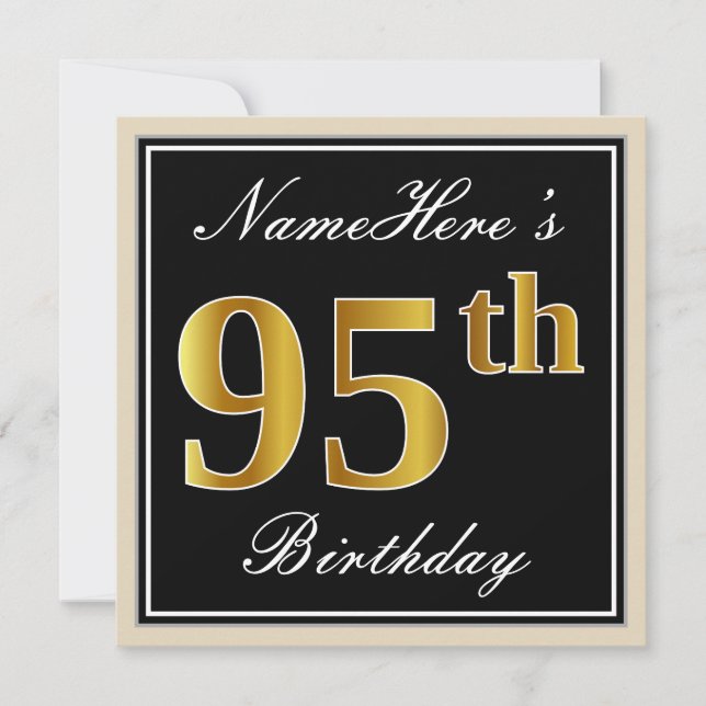 Elegant, Black, Faux Gold 95th Birthday + Name Invitation (Front)