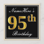 [ Thumbnail: Elegant, Black, Faux Gold 95th Birthday + Name Invitation ]
