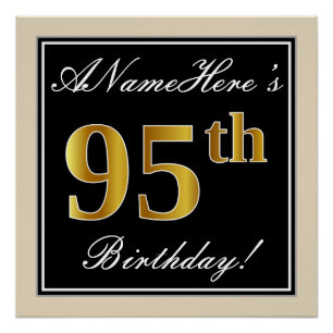 Elegant, Black, Faux Gold 95th Birthday + Name Poster