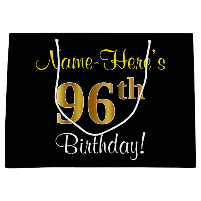 Elegant, Black, Faux Gold 96th Birthday + Name Large Gift Bag (Front)
