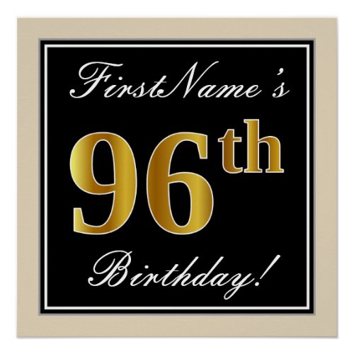 Elegant Black Faux Gold 96th Birthday  Name Poster