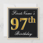 [ Thumbnail: Elegant, Black, Faux Gold 97th Birthday + Name Invitation ]